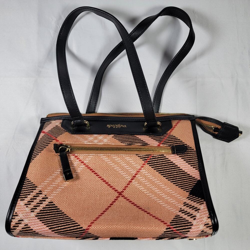 Spartina 449 Daufuskie Island Linen Leather Tote Bag Plaid Pink Black Shoulder